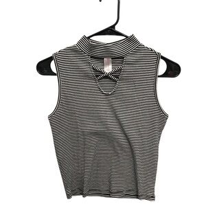 Black & White Striped Sleeveless Mock Neck Top